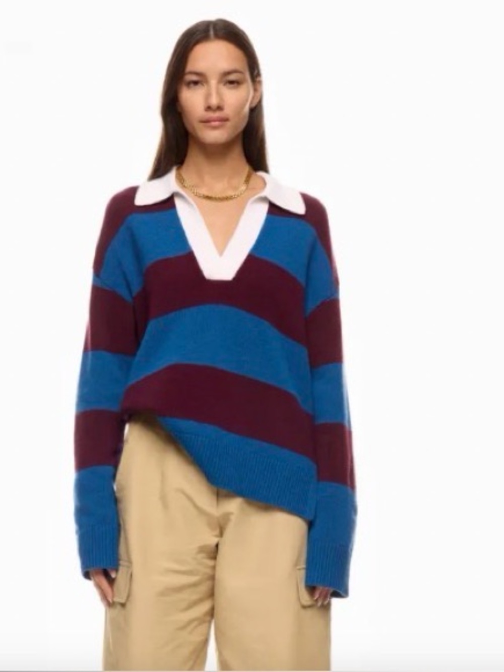 Rails Harris Striped V-Neck Rugby Polo Sweater, Merino Wool Cashmere Blend S